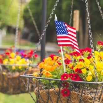 American flag in a flower basket