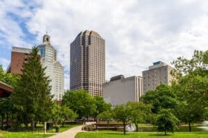 View of the Hartford city skyline from Bushnell Park in Connecticut, showcasing high-rise living, urban architecture, and cityscape lifestyle